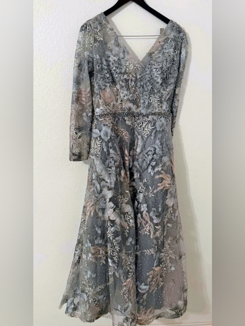 Mac Duggal Gray and Blush Floral Embroidered Long Sleeve Midi Dress